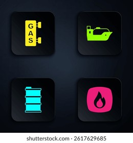 Set Fire flame, Gas filling station, Barrel oil and Oil tanker ship. Black square button. Vector