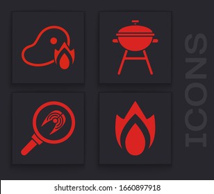 Fijar llama al fuego, carne de filete a la parrilla y llama al fuego, barbacoa y filete de pescado en un icono de sartén. Vector