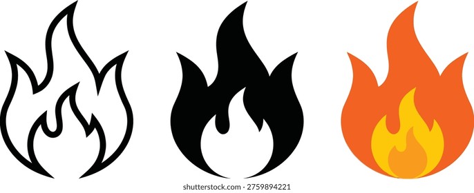 Set of fire flame icons in line art solid black silhouette and orange flat design style