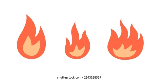 Set of fire flame icons. Symbol of bonfire, fire, danger warning. Design element, pictogram. Flat vector illustration isolated on white background