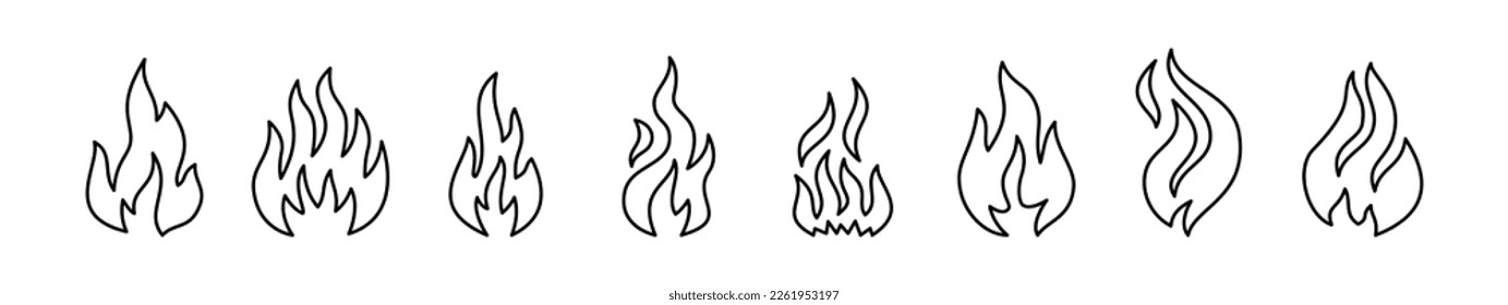 Conjunto de formas de línea de llama de fuego, ilustración vectorial de diseño de línea delgada