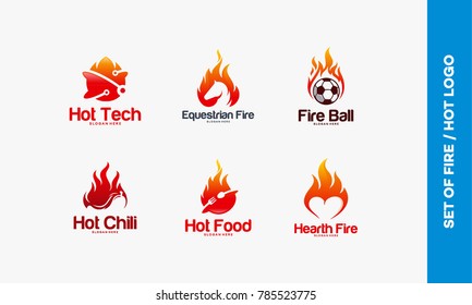 Set of Fire Flame logo designs concept, hot technology, equestrian fire, fire ball, hot chili, hot food, hearth fire logo designs vector