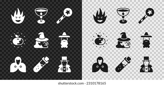 Set Fire flame, Medieval goblet, Magic wand, Mantle, cloak, cape, Bottle with potion, Magician, Poison apple and Witch icon. Vector