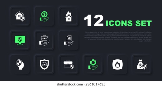 Set Fire flame, Money bag with shield, Hand holding briefcase, Lifebuoy hand, Location, Briefcase,  and  icon. Vector
