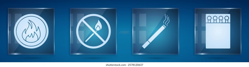 Set Fire flame, No fire match, Cigarette and Open matchbox and matches. Square glass panels. Vector