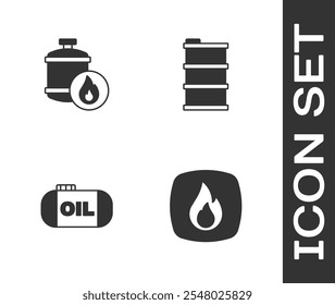 Set Fire flame, Propane gas tank, Oil storage and Barrel oil icon. Vector