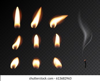 Set of fire flame. Realistic candle flame isolated on black background.