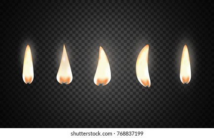 Set of fire flame. Realistic candle flame isolated on black background.