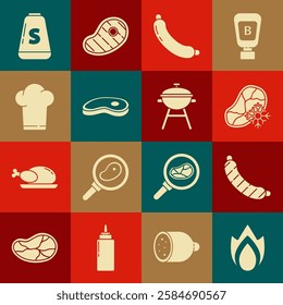 Set Fire flame, Sausage, Fresh frozen steak meat, Steak, Chef hat, Salt and Barbecue grill icon. Vector