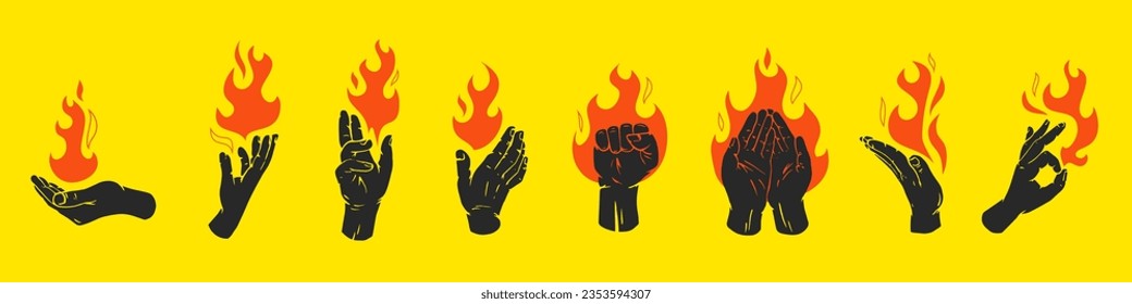 Set fire or flame with silhouettes people hands in retro flat style. Collection different vector illustration for tattoo, print. Various vintage color art composition.