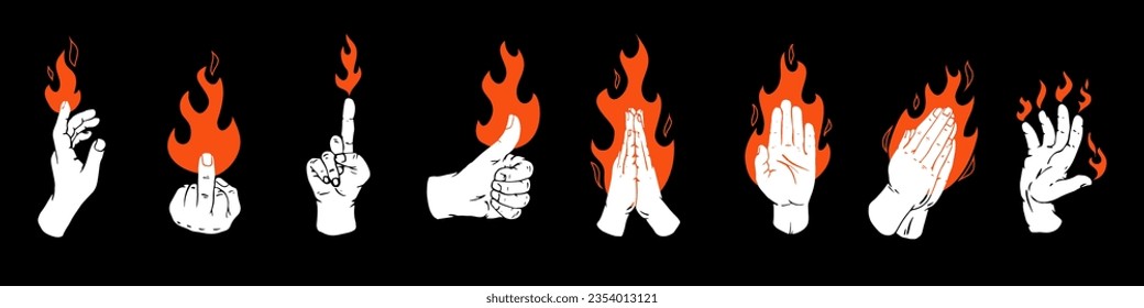 Set fire or flame with silhouettes people hands in retro flat style. Collection different vector illustration for tattoo, print. Various vintage color art composition.