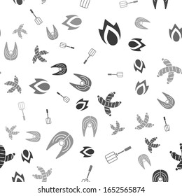 Set Fire flame, Spatula, Crossed sausage and Fish steak on seamless pattern. Vector