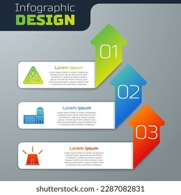 Set Fire flame in triangle, Building of fire station and Flasher siren. Business infographic template. Vector