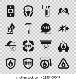 Set Fire flame in triangle, Burning car, exit, extinguisher, Firefighter axe, burning building, alarm system and Emergency call 911 icon. Vector