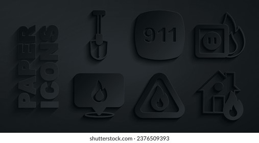 Set Fire flame in triangle, Electric wiring of socket fire, Location with, burning house, Emergency call 911 and shovel icon. Vector