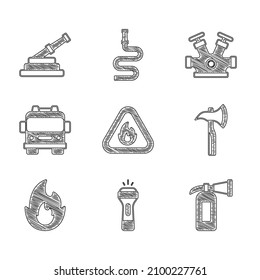 Set Fire flame in triangle, Flashlight, extinguisher, Firefighter axe, truck, hydrant and hose reel icon. Vector