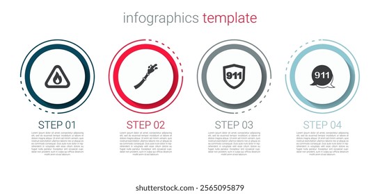 Set Fire flame in triangle, hose reel, Emergency call 911 and . Business infographic template. Vector