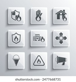 Set Fire flame in triangle, Megaphone, Firefighter, burning buildings, cone bucket, protection shield,  and house icon. Vector