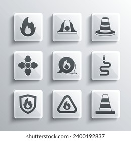 Set Fire flame in triangle, Traffic cone, hose reel, Emergency call, protection shield, Firefighter,  and  icon. Vector