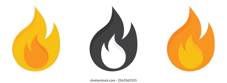 Set of fire flame vector icon symbols isolated on white background.