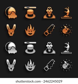 Set Fire flame, Zombie hand, Poison apple, Hand saw, Rabbit with ears, Wizard warlock, Moon stars and Magic hat wand icon. Vector