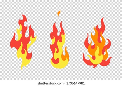 Set fire flames. Cartoon collection of abstract stylized fires. Flaming illustration. Comic dangerous flame fires isolated vector. Hot painting. Transparent background
