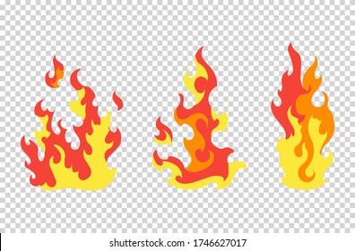 Set fire flames. Cartoon collection of abstract stylized fires. Flaming illustration. Comic dangerous flame fires isolated vector. Hot painting. Transparent background