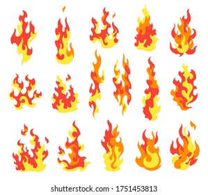 Set fire flames. Cartoon collection of abstract stylized fires. Flaming illustration. Comic dangerous flame fires isolated vector. Hot painting