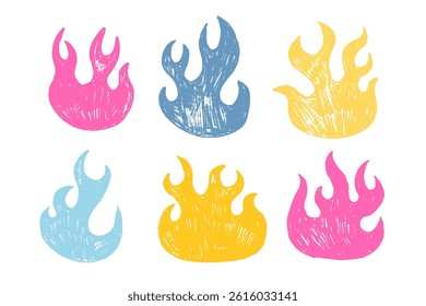 Set of fire flames with crayon, pastel or chalk texture. Color childish hand drawn vector illustration