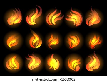 Set of fire flames drawn in cartoon style. Vector Illustration.