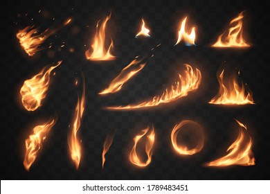 Set of fire flames elements on transparent background