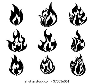 Set of Fire, Flames Icon In Black and White Color Vector Illustration