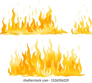 Set of fire flames isolated illustration, horizontal hot fire flame compositions, cartoon fiery wall