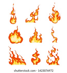 Set of fire flames isolated on white background. Vector illustration. Collection of fire flashes, fire, fire in flat style