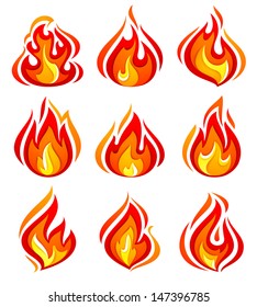 Set of fire flames isolated on white background. Vector illustration 10eps