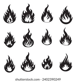 set of fire flames , Isolated fire flames on the white background. fire flames silhouettes. hand drawn.