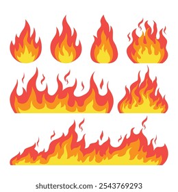 Set of fire flames isolated on white background red and orange fire Vector illustration