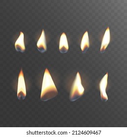 Set of fire flames isolated with trasparent background. Vector realistic illustration of candles light. Design for fire illumination birthday party, celebration, memorial day