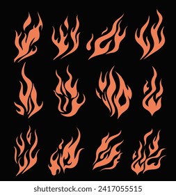 Set of fire flames on a dark background. Vector illustration for flash tattoo and stickers.