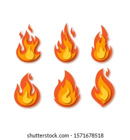 Set Of Fire Flames On White Background. Paper Cut Out Art Digital Craft Style. Vector Illustration