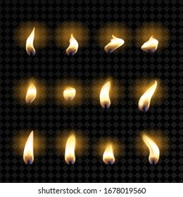 Set Of Fire Flames. Realistic Candle Flame Isolated On A Transparent Background. To Create An Animation.