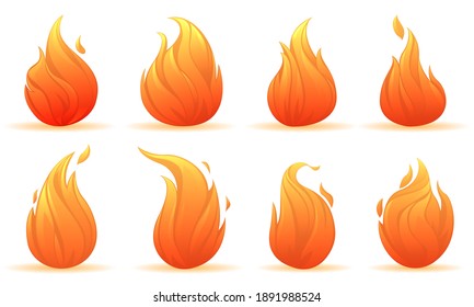 Juego de llamas de fuego de fogatas rojas-calientes de diferentes formas aisladas en fondo blanco. Fuego de caricaturas, formas de fuego. Ilustración del vector