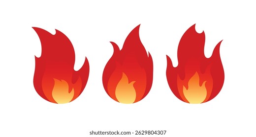 Set of fire flames in retro comic style. Perfect for camping, survival, tattoo or graphic branding elements. Fire flame icons set in vintage retro style. Hand drawn fire icons