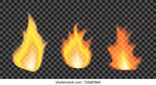 Set of fire flames with sparks on transparent background. Vector illustration