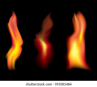Set of fire flames with transparency isolated on black background. Bright and realistic vector illustration for design and decoration.
