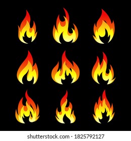 set of fire flames vector illustration isolated on black background. good for fire, angry or danger signs. simple gradation color style