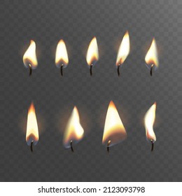 Set of fire flames with wick  isolated with trasparent background. Vector realistic illustration of candles light. Design for fire illumination birthday party, celebration, memorial day