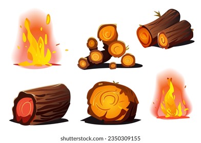 Set of fire in the flat cartoon design. Exciting set with expertly depicted fire created by burning wood. Vector illustration.