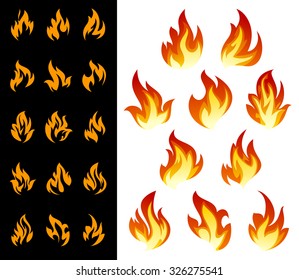 Set of fire flat icons and pictograms for danger concept or logo design