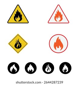 Set of fire hazard icons in triangle, circle, and diamond shapes. Includes flame symbols for flammable material signs, perfect for safety labels, packaging, and industrial warnings.